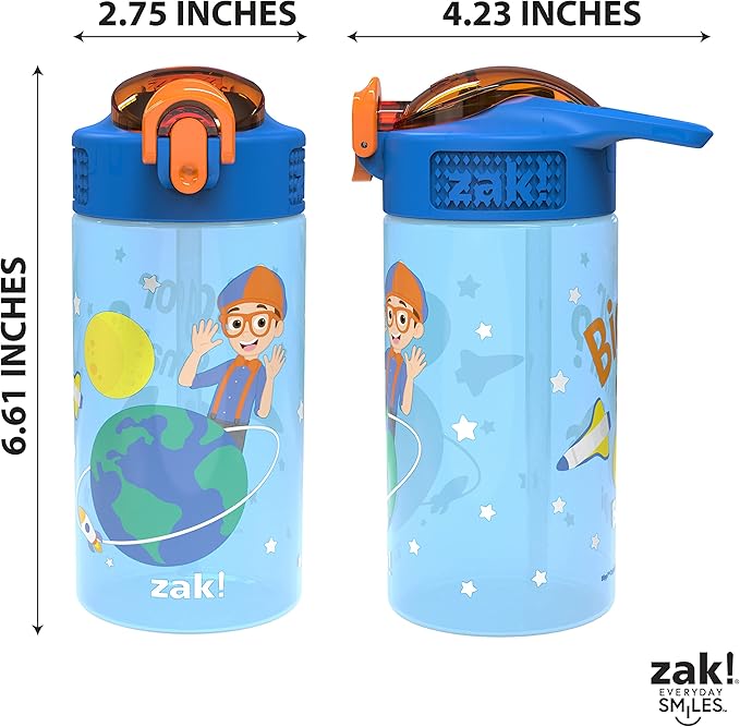 Zak Designs Blippi Kids Water Bottle with Spout Cover and Built-In Carrying Loop, Made of Durable Plastic, Leak-Proof Design for Travel (16 oz, Pack of 2)