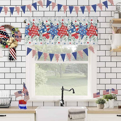 Vandarllin Eucalyptus 4th of July Kitchen Curtains Valances for Windows Patriotic American Flag Stars Rod Pocket Window Treatment for Kitchen/Living Room/Bedroom/Bathroom, 42" X 18", Grey Gingham