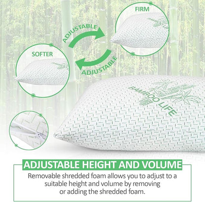 2 Pack Queen Size Rayon Derived from Bamboo Pillow, Shredded Memory Foam Bed Pillows Sets for Side, Back and Stomach Sleepers, Washable Cover, Cooling and Adjustable, Queen (Pack of 2)