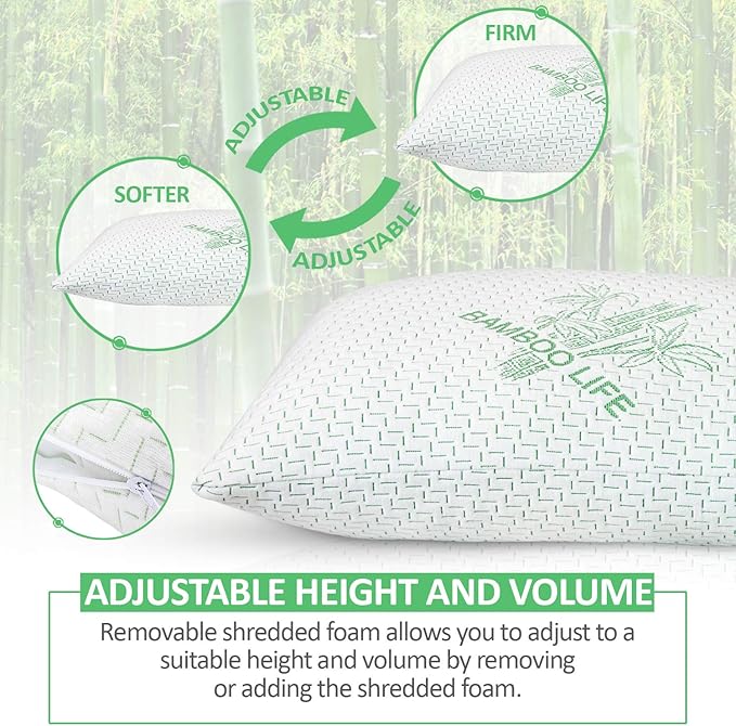 2 Pack King Size Rayon Derived from Bamboo Pillow, Shredded Memory Foam Bed Pillows Sets for Side, Back and Stomach Sleepers, Washable Cover, Cooling and Adjustable, King (Pack of 2)