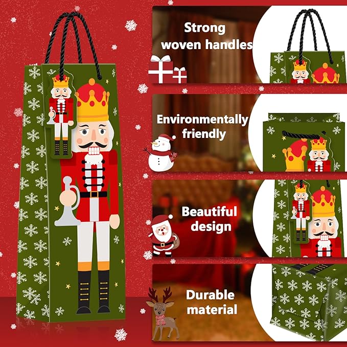 Whaline 12Pcs Christmas Wine Bottle Gift Bags Christmas Nutcracker Bottle Bag with Name Tag Xmas Paper Wine Bag with Handle for Winter Wedding Party Favor Hostess Gift Home Table Decoration