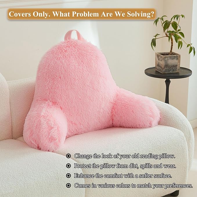 XeGe Faux Fur Reading Pillow Cover (No Filler), Fluffy Back Rest Pillow Case for Sitting in Bed, Adults Kids Girls Shaggy Sit Up Back Support Study Pillow Cover for Couch Chair Home Decoration, Pink