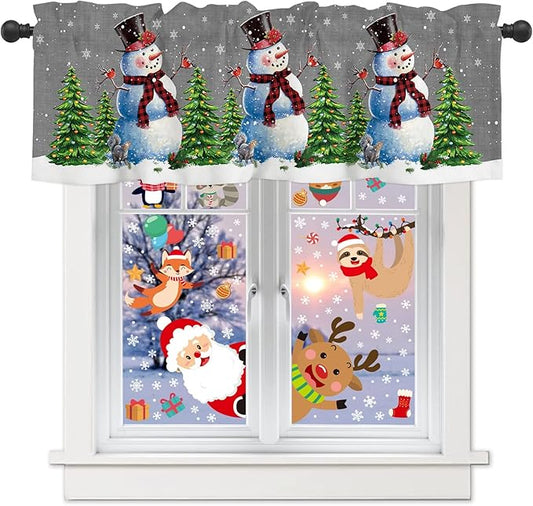 Winter Holidays Snowman Valance Kitchen Curtains for Window, Christmas Tree Cardinal Rod Pocket Valances Window Treatments White Snowflake Curtains for Bedroom/Living Room,54" X 18" -1 Panel, Gray