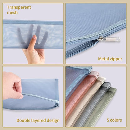 10 Pack Colored Double-Layer Mesh Zipper Pouch Bags(5Pcs A4+5Pcs A5), Nylon Building Block Sets Toy Storage & Organization, Breathable See Through Pouch with Handle for School Office Games