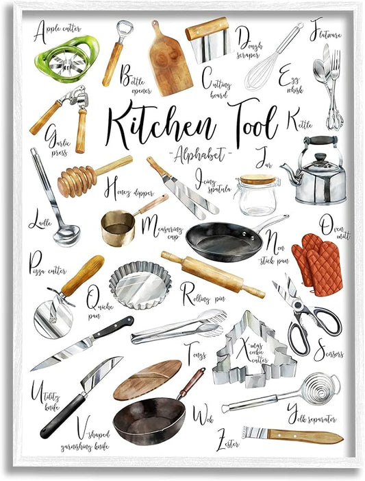 Stupell Industries Kitchen Tool Alphabet Cooking Accessory ABC Chart, Designed by Ziwei Li White Framed Wall Art, 16 x 20, Multi-Color