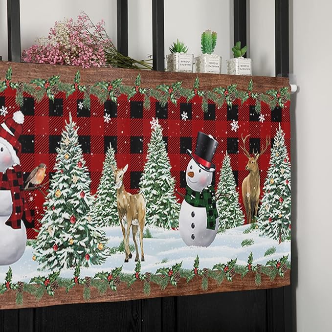 Vandarllin Christmas Snowman Kitchen Curtains Valances for Windows Christmas Tree Rod Pocket Window Treatment for Kitchen/Living Room/Bedroom/Bathroom,42" X 12" -1 Panel, Red Xmas Snowy Winter