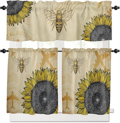 Vandarllin Kitchen Curtains and Valances Set,Vintage Sunflower Bee Window Treatments Tiers Summer Yellow Semi Sheer Half/Short Curtains for Small Windows Cafe/Living Room/Bedroom 54x24 in, 3-Piece