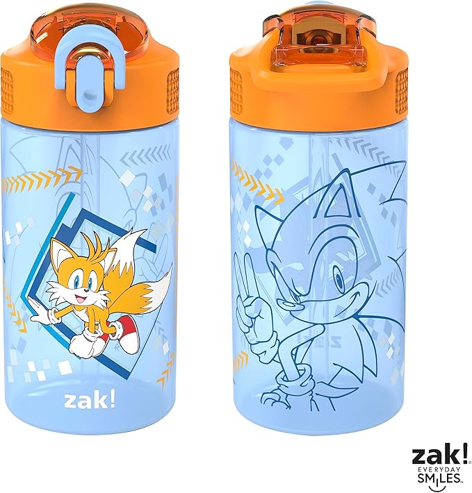 Zak Designs Sonic Kids' 2-Pack Leak-Proof Water Bottles With Straw, Handle and Pop-Up Spout Cover