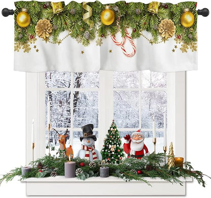 Vandarllin Christmas Valance Kitchen Curtains for Windows, Pine Cones Rod Pocket Valances Window Treatments Golden Ornament Balls Short Curtains for Bedroom/Living Room, 54" X 18" -1 Panel