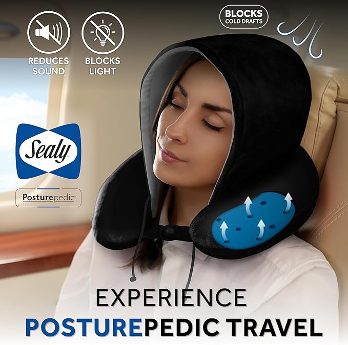 Sealy, Infused-Gel Hooded Travel Pillow with Airflow Memory Foam, Tailored Just for You with Contoured Support, The Ultimate Rest for Flights, Rides, and Your Home, Blocks Cold Drafts, Black