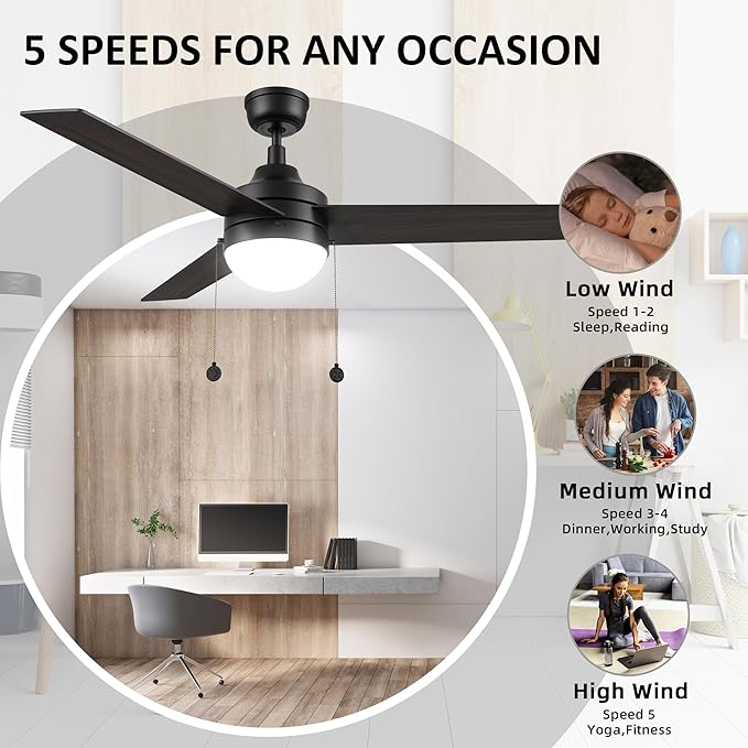 52 Inch Black Pull Chain Ceiling Fan with Reversible Blades, 3-color LED Light Adjustable, 5 Speeds Quiet Reversible DC Motor, 3 Plywood Blades Modern Ceiling Fan for Living Room, Bedroom, Kitchen