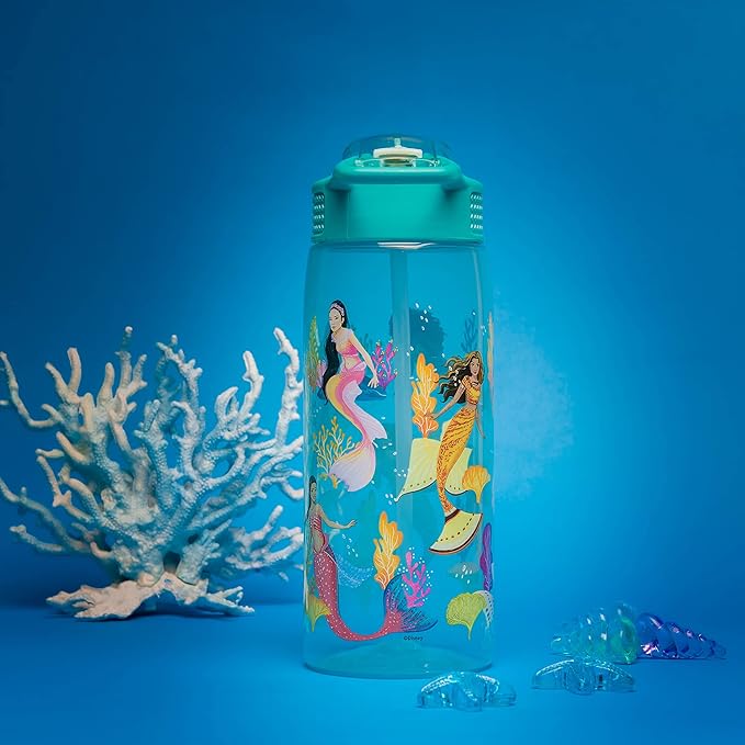 Zak Designs Disney The Little Mermaid 2023 Kids Water Bottle For School or Travel, 25oz, Durable Plastic, with Pop-Up Antimicrobial Spout and Cover, Handle, and Leak-Proof (Ariel and Sisters)