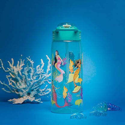 Zak Designs Disney The Little Mermaid 2023 Kids Water Bottle For School or Travel, 25oz, Durable Plastic, with Pop-Up Antimicrobial Spout and Cover, Handle, and Leak-Proof (Ariel and Sisters)