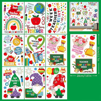 Teacher Appreciation Week Window Clings Stickers Best Teacher Double-Sided Window Decals Decoration Pencil Apple Design for Toddlers Adults Classroom Home Nursery Airplane Birthday Party Supplies