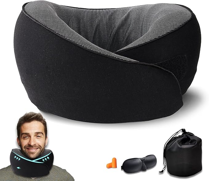 Travel Pillow-Neck Pillow Airplane-100% Memory Foam 360° Full Surrounding Travel Neck Pillow U-Shaped Pillow,Neck Pillow for Sleeping Travel with Eye Masks,Earplugs for Home, Airplanes and Car,Black