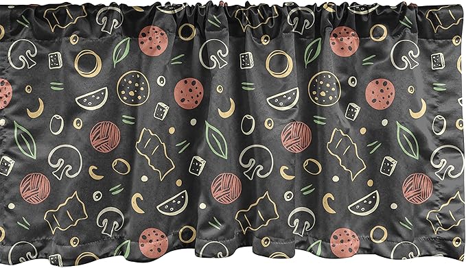 Ambesonne Cartoon Window Valance, Sketches of Pizza Ingredients Yummy Food Theme, Curtain Valance for Kitchen Bedroom Decor with Rod Pocket, 42" x 12", Dark Taupe Grey Coral