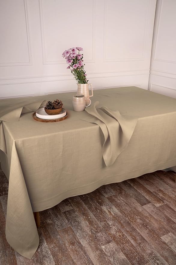 D'Moksha Homes Linen Tablecloth 60 x 108 Inch - 100% Pure Linen Champagne Beige Tablecloth - Machine Washable Dining Tablecloth for Rectangle Tables