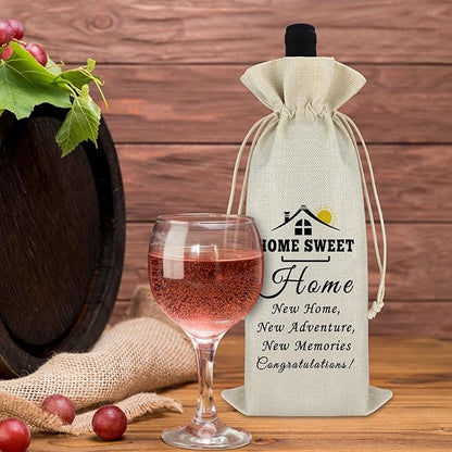 New Home Gift Wine Gift Bag Housewarming Gift First New Home Gift for Homeowner Friends Men Coworker Housewarming Party Decors Wine Bottle Wrap Bag Christmas Gift for Host Drawstring Burlap Wine Bag