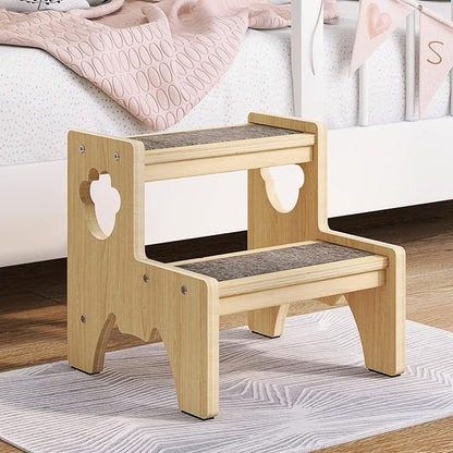 Wooden Toddler Step Stool for Kids, Bowdanie Two Step Stool Adults with 4 Non-Slip Pads and 2 Carpets, Wood Stepping Stool for Bathroom Sink, Kitchen Stools & Potty Training Bedroom Home Use (Natural)