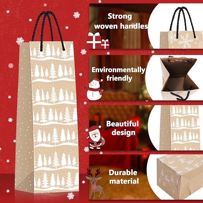 Whaline 12Pcs Christmas Wine Bottle Gift Bags 4 Design Kraft Paper Bottle Bags Xmas Tree Snowflake Elk Plaids Wine Bags for Winter Holiday Wedding Party Favor Hostess Gift Home Table