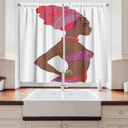 Ambesonne African Long Kitchen Curtains, Zulu Woman with Bandage Dress Necklace Female Illustration, Two Panels Drapes with Rod Pocket Room Decor, 55" x 45", Chocolate Purple