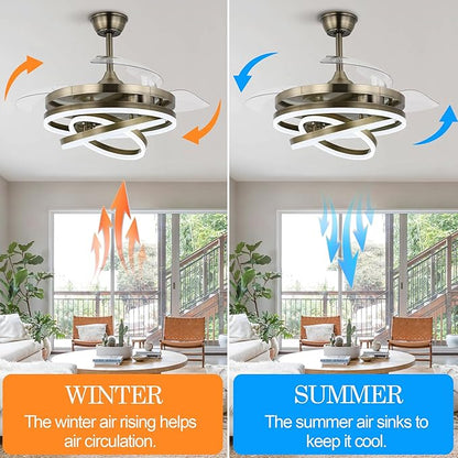 42" Retractable Ceiling Fan with Lights & Remote - Silent DC Motor Modern Ceiling Fan - 6 Speed LED Fan for Bedroom living room Kitchen