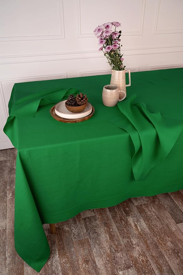 D'Moksha Homes Linen Tablecloth 60 x 144 Inch - 100% Pure Linen Kelly Green Tablecloth - Machine Washable Dining Tablecloth for Rectangle Tables