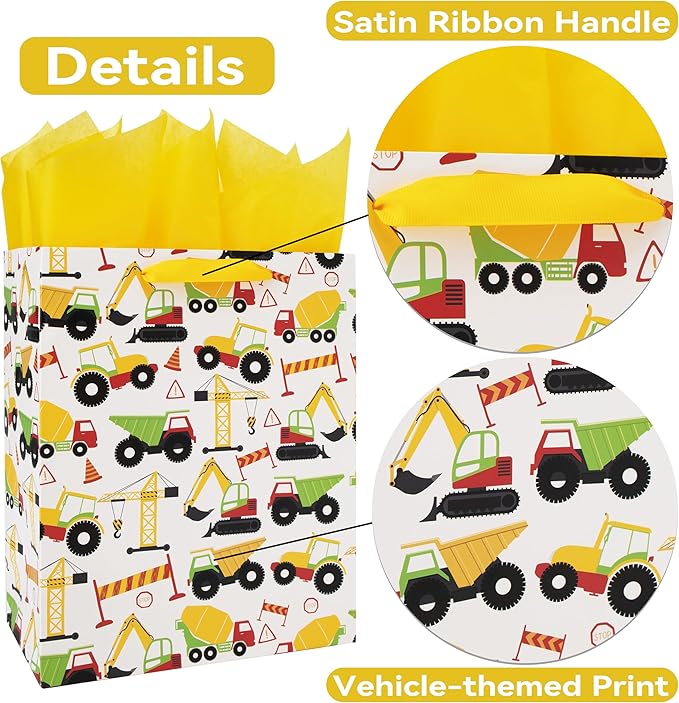 13" Large Vehicle-themed Gift Bags Set with Greeting Card and Tissue Paper (Yellow Car Design) for boys, Construction Kids Birthday Party, Baby boy, Baby Shower, Newborn -10.2”x5.2”x13”, 1 Pcs