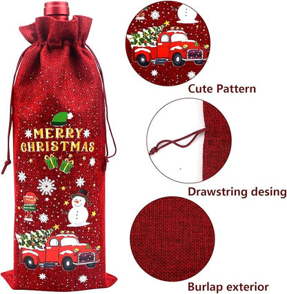 16 Pcs Christmas Burlap Wine Bags Christmas Wine Gift Bags - Wine Bottle Bags with Drawstring & Tag Rope, Reusable Xmas Wine Bottle Covers for Xmas, Wedding, Birthday, Holiday Party, Table Dinner