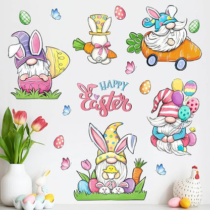 Mfault Happy Easter Bunny Gnome Wall Decals Stickers, Rabbit Eggs Carrot Balloon Decorations Bedroom Art, Chick Butterfly Home Kitchen Decor Party Supplies