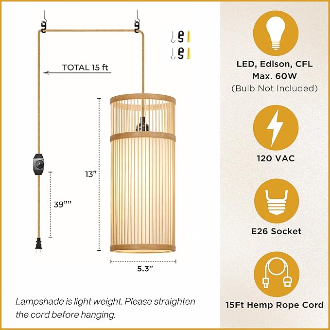 Plug in Pendant Light - Bamboo Hanging Lamp 15ft Hemp Rope Cord Dimmable Switch - Mini Plug in Hanging Light, Hanging Lamps for Bedrooms - Japandi Pendant Lamp for Home Decor