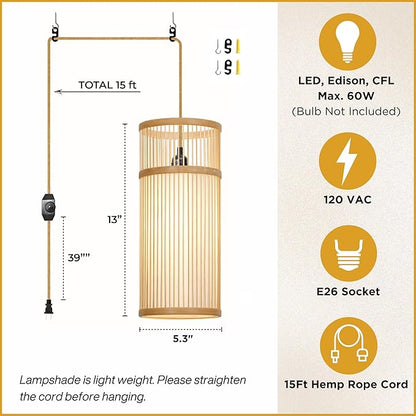 Plug in Pendant Light - Bamboo Hanging Lamp 15ft Hemp Rope Cord Dimmable Switch - Mini Plug in Hanging Light, Hanging Lamps for Bedrooms - Japandi Pendant Lamp for Home Decor