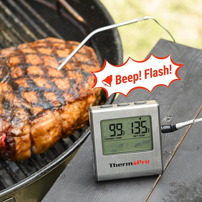 ThermoPro TP-16 Large LCD Digital Cooking Food Meat Smoker Oven Kitchen BBQ Grill Thermometer Clock Timer with Stainless Steel Probe