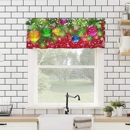 Valance Curtains for Kitchen Window, Christmas Ornaments Pine Tree Snowflakes Xmas Rod Pocket Valances Window Treatments Red Short Curtains for Bedroom/Living Room,54" X 18" -1 Panel,