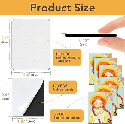 200Pcs Sublimation Magnet Blanks Set,Personalized Sublimation Refrigerator Magnet for Home Kitchen Microwave Oven Decor&Office Calendar with 100PCS Blank Rubber Pad(6x8cm), 100PCS DIY Soft Magnetic