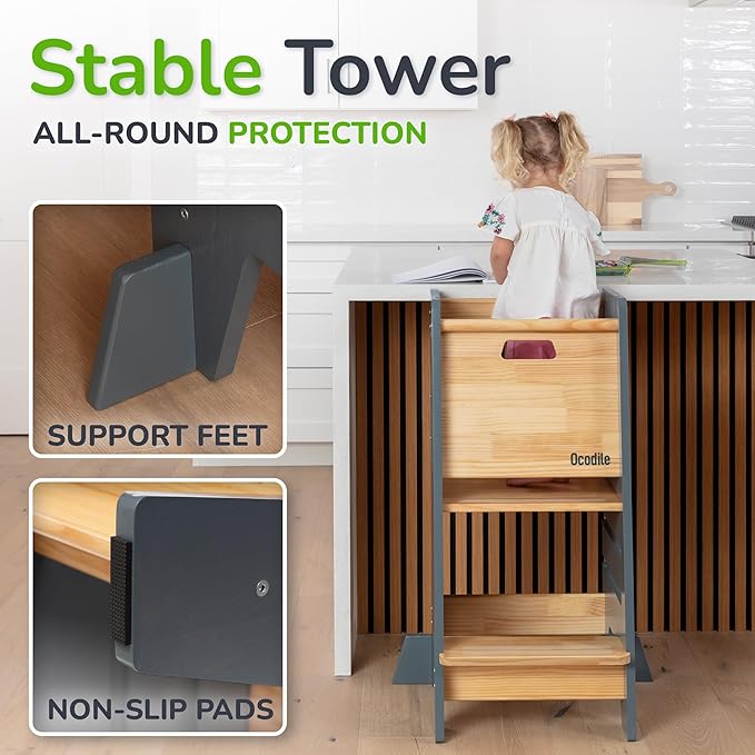 Toddler Tower with a Sliding Door and 3 Adjustable Heights - Complete Toddler Kitchen Stool Helper with Support Feet - Safe Design for 18+ Months to 6-Year-Old Kids - Gray