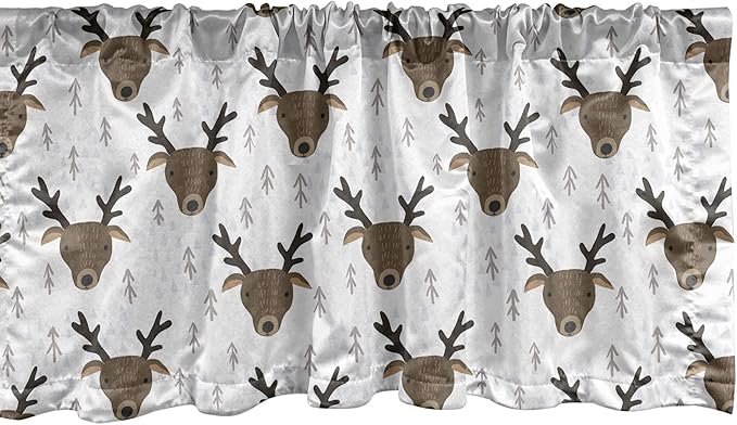 Ambesonne Landscape Window Valance, Winter Woods Theme Pattern of Deer Heads with Antlers and Fir Trees, Curtain Valance for Kitchen Bedroom Decor with Rod Pocket, 54" X 18", White Sepia