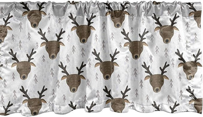 Ambesonne Landscape Window Valance, Winter Woods Theme Pattern of Deer Heads with Antlers and Fir Trees, Curtain Valance for Kitchen Bedroom Decor with Rod Pocket, 54" X 18", White Sepia