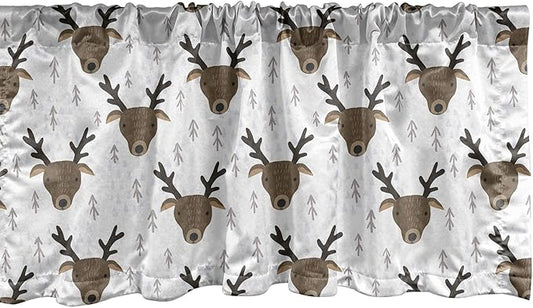 Ambesonne Landscape Window Valance, Winter Woods Theme Pattern of Deer Heads with Antlers and Fir Trees, Curtain Valance for Kitchen Bedroom Decor with Rod Pocket, 54" X 12", White Sepia