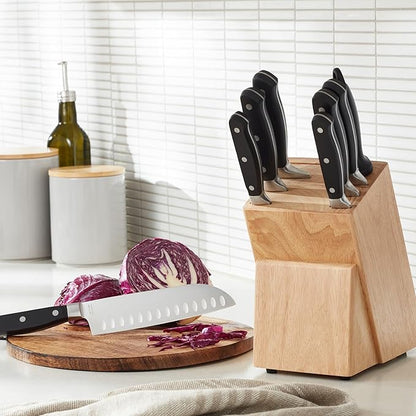 Amazon Basics 9-Piece Premium Kitchen High-Carbon Stainless-Steel Blades with Pine Wood Knife Block Set, Black