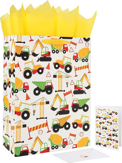 16.5” Extra Large Vehicle-themed Gift Bags Set with Greeting Card and Tissue Paper (Yellow Car Design) for boys, Kids Birthday Party, Baby boy, Baby Shower, Newborn, New Moms or Parents -