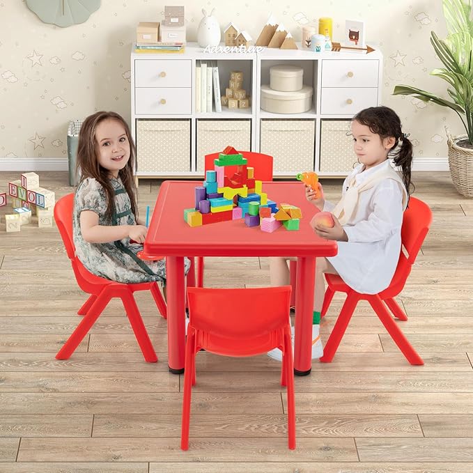 24" L x 24" W Kids Table and 4 Chairs Set, 1-8 Year Old Toddler Activity Craft Table for Toddlers Home, Nursery, Classrooms - Red