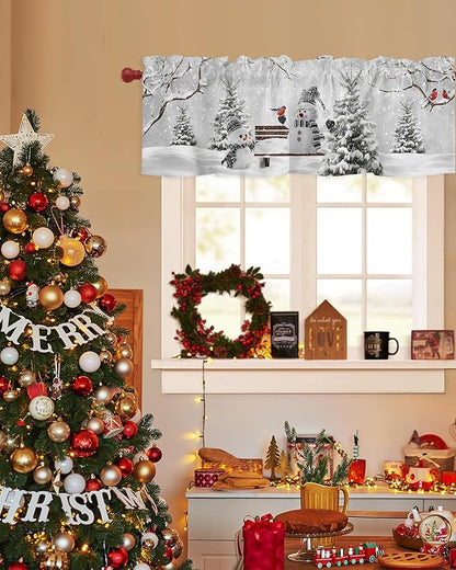 Winter Christmas Valance Curtains for Kitchen Windows Cute Snowman Cardinals Rod Pocket Window Treatment Toppers for Kitchen/Living Room/Bedroom/Bathroom, 60" X 18", GreySnowy Pine Forest