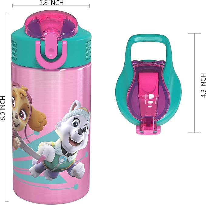 Zak Designs 18/8 Stainless Steel Kids Water Bottle with Flip-up Straw Locking Spout Cover, Durable Cup for Sports or Travel (15.5oz, Paw Patrol Skye),PWPT-S732