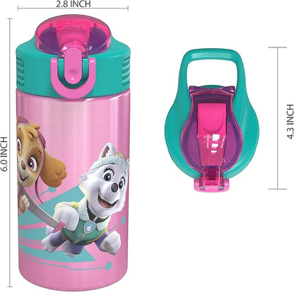 Zak Designs 18/8 Stainless Steel Kids Water Bottle with Flip-up Straw Locking Spout Cover, Durable Cup for Sports or Travel (15.5oz, Paw Patrol Skye),PWPT-S732