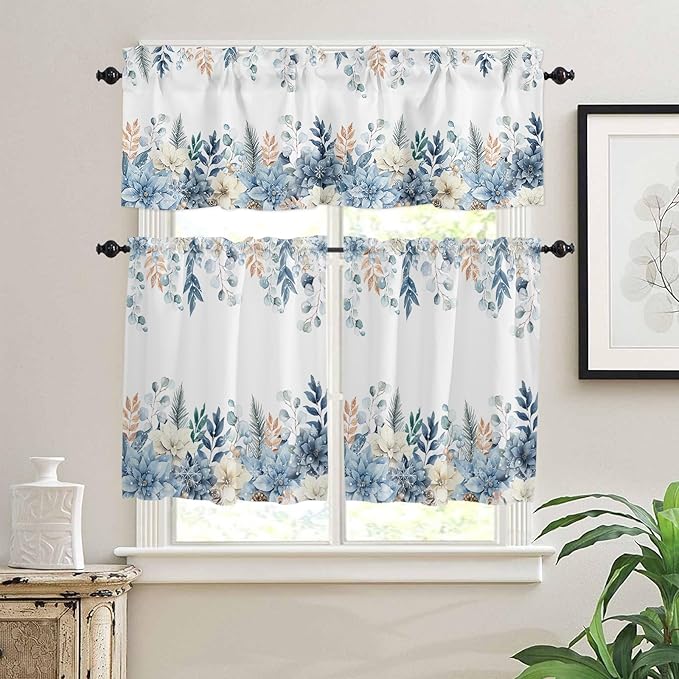 Vandarllin Blue Christmas Poinsettia Kitchen Curtains and Valances Set, Winter Eucalyptus Leaves Windows Treatments Tiers Half/Short Curtains for Small Windows Cafe/Living Room/Bedroom 54x24 in