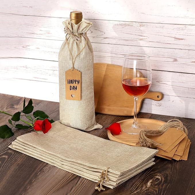 Reusable Burlap Wine Bag, 12PCS Wine Gift Bags for Wine Bottles with Gift Tags, Wine Bottle Bags for Wedding, Birthday, Christmas, Halloween, Travel, Party, Home Storage