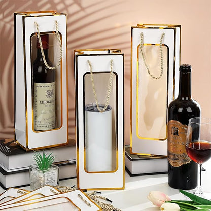 Yeaqee 50 Pcs Wine Gift Bags for Wine Bottles 4.92" x 3.35" x 14.2" Reusable Clear Window Wine Bottle Bags Bulk with Handles for Weddings, Birthday(White, Gold, Elegant)