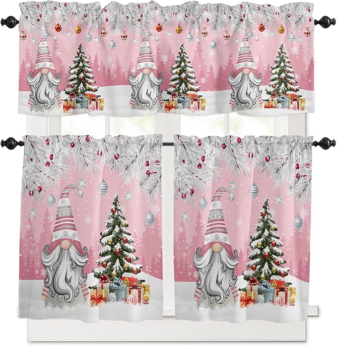 Vandarllin Christmas Gnome Kitchen Curtains and Valances Set, Winter Merry Christmas Tree Balls Windows Treatments Tiers Half/Short Curtains for Small Windows Cafe/Living Room/Bedroom 54x36 in Pink