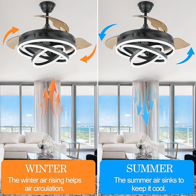 42" Retractable Ceiling Fan with Lights & Remote - Silent DC Motor Modern Ceiling Fan - 6 Speed LED Fan for Bedroom living room Kitchen